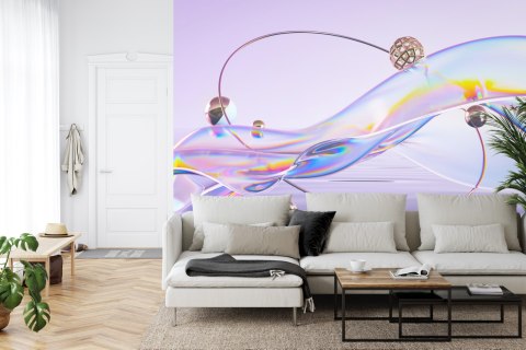 Fototapeta Abstract 3D Render. Glass Ribbon On Water With Geometric Circle And Spheres. Holographic Shape In Motion. Iridescent 