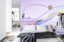 Fototapeta Abstract 3D Render. Glass Ribbon On Water With Geometric Circle And Spheres. Holographic Shape In Motion. Iridescent 