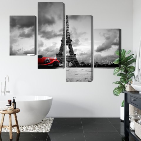 Obraz Wieloczęściowy Czarno-Biały Widok Na Wieżę Eiffla I Samochód Retro