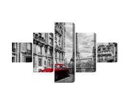 Obraz Wieloczęściowy Czerwony Samochód W Stylu Retro Na Tle Wieży Eiffla