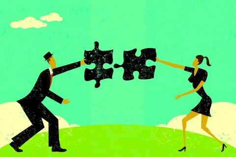 Obraz Na Płótnie Para Łącząca Puzzle W Stylu Vintage