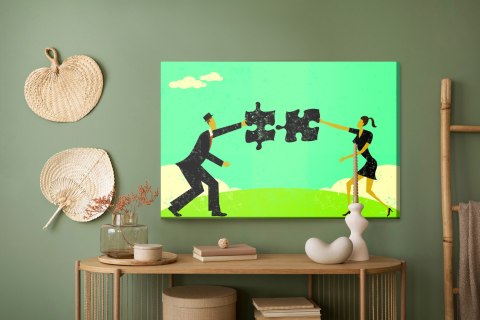Obraz Na Płótnie Para Łącząca Puzzle W Stylu Vintage
