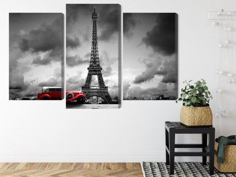Obraz Wieloczęściowy Czarno-Biały Widok Na Wieżę Eiffla I Samochód Retro