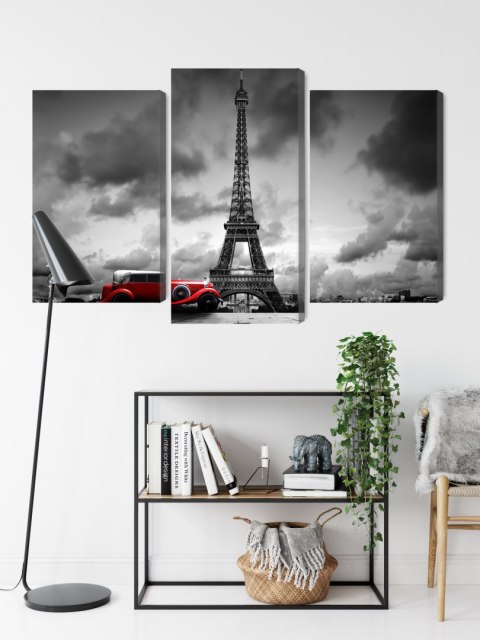 Obraz Wieloczęściowy Czarno-Biały Widok Na Wieżę Eiffla I Samochód Retro
