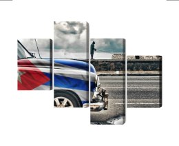 Obraz Wieloczęściowy Samochód Z Kubańską Flagą Na Ulicach Hawany