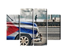 Obraz Wieloczęściowy Samochód Z Kubańską Flagą Na Ulicach Hawany