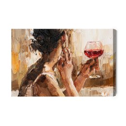 Obraz Na Płótnie Fragment Of Artwork Where Beautiful Attractive Young Woman Holding A Glass Of Wine. Oil Painting On Canvas.