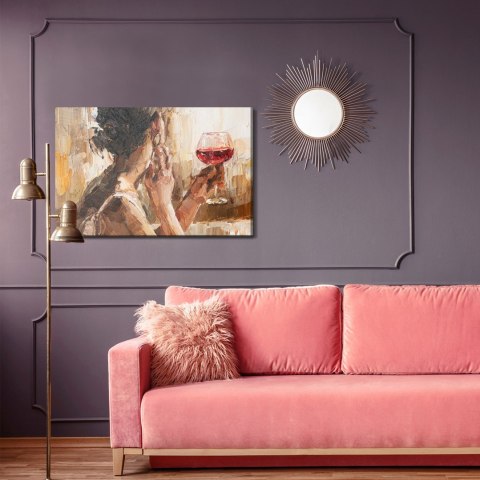 Obraz Na Płótnie Fragment Of Artwork Where Beautiful Attractive Young Woman Holding A Glass Of Wine. Oil Painting On Canvas.