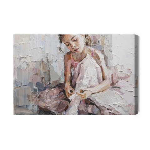 Obraz Na Płótnie Little Ballerina With Curly Hair Sits And Fastens Pointe Shoes . Oil Painting, Palette Knife Technique And Brus
