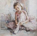 Obraz Na Płótnie Little Ballerina With Curly Hair Sits And Fastens Pointe Shoes . Oil Painting, Palette Knife Technique And Brus