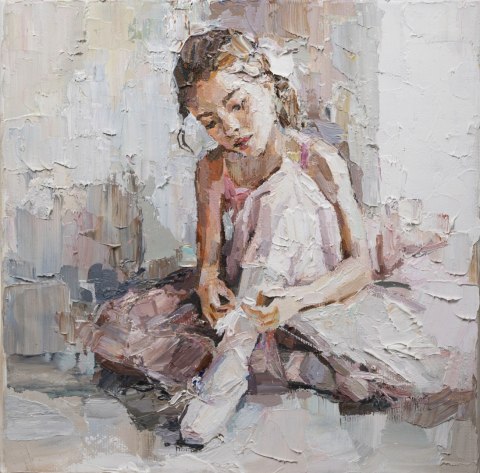 Obraz Na Płótnie Little Ballerina With Curly Hair Sits And Fastens Pointe Shoes . Oil Painting, Palette Knife Technique And Brus