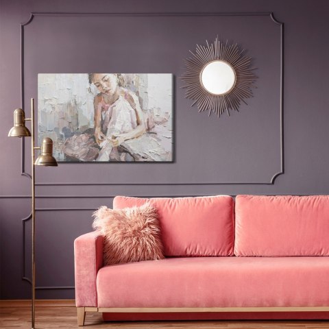 Obraz Na Płótnie Little Ballerina With Curly Hair Sits And Fastens Pointe Shoes . Oil Painting, Palette Knife Technique And Brus