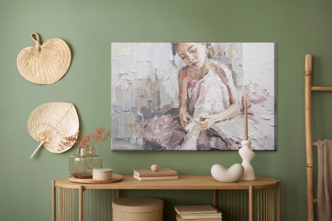 Obraz Na Płótnie Little Ballerina With Curly Hair Sits And Fastens Pointe Shoes . Oil Painting, Palette Knife Technique And Brus