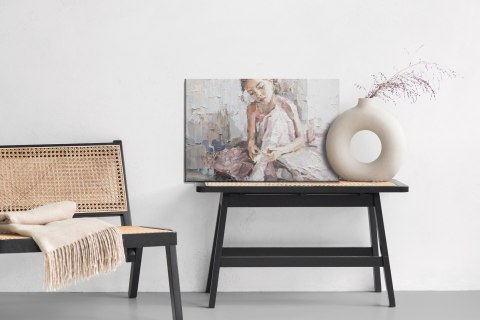 Obraz Na Płótnie Little Ballerina With Curly Hair Sits And Fastens Pointe Shoes . Oil Painting, Palette Knife Technique And Brus