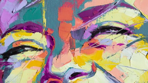 Obraz Na Płótnie Oil Portrait Painting In Multicolored Tones. Abstract Picture Of A Beautiful Girl. Conceptual Closeup Of An Oil