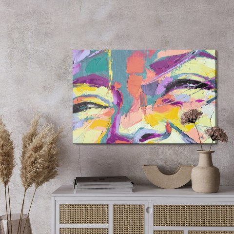 Obraz Na Płótnie Oil Portrait Painting In Multicolored Tones. Abstract Picture Of A Beautiful Girl. Conceptual Closeup Of An Oil