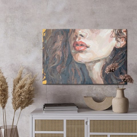 Obraz Na Płótnie Portrait Of A Girl . Portrait Of A Young Beautiful Women With Red Lips. Fragment Of Oil Painting On Canvas.