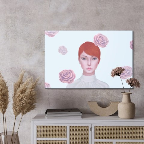 Obraz Na Płótnie Woman And Rose Flowers. Concept Idea Art Of Surreal, Mystery And Love. Conceptual 3D . Human And Nature. Portra