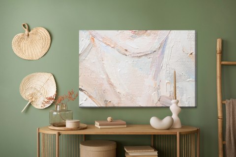 Obraz Na Płótnie Young Girl With Beautiful Mysterious Blue Eyes . Primary Colors: White, Brown, Grey, Pink.