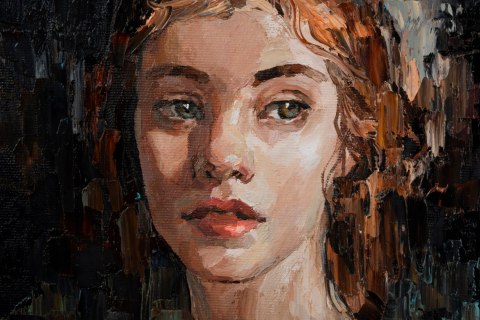 Obraz Na Płótnie Portrait Of A Young, Dreamy Girl With Curly Brown Hair . Palette Knife Technique Of Oil Painting And Brush.