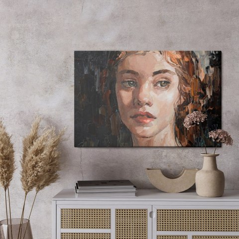 Obraz Na Płótnie Portrait Of A Young, Dreamy Girl With Curly Brown Hair . Palette Knife Technique Of Oil Painting And Brush.