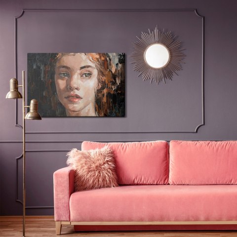 Obraz Na Płótnie Portrait Of A Young, Dreamy Girl With Curly Brown Hair . Palette Knife Technique Of Oil Painting And Brush.