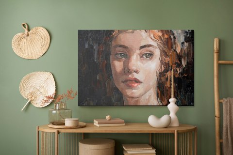 Obraz Na Płótnie Portrait Of A Young, Dreamy Girl With Curly Brown Hair . Palette Knife Technique Of Oil Painting And Brush.