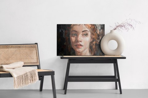 Obraz Na Płótnie Portrait Of A Young, Dreamy Girl With Curly Brown Hair . Palette Knife Technique Of Oil Painting And Brush.