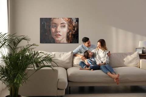 Obraz Na Płótnie Portrait Of A Young, Dreamy Girl With Curly Brown Hair . Palette Knife Technique Of Oil Painting And Brush.