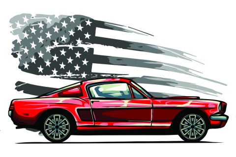 Obraz Na Płótnie Samochód Sportowy Na Szarym Tle Retro Flagi Usa