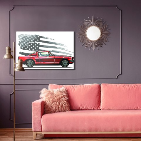 Obraz Na Płótnie Samochód Sportowy Na Szarym Tle Retro Flagi Usa