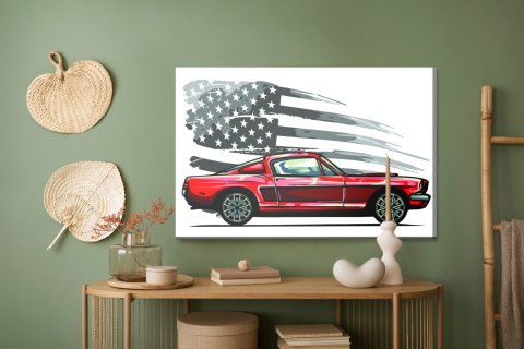 Obraz Na Płótnie Samochód Sportowy Na Szarym Tle Retro Flagi Usa