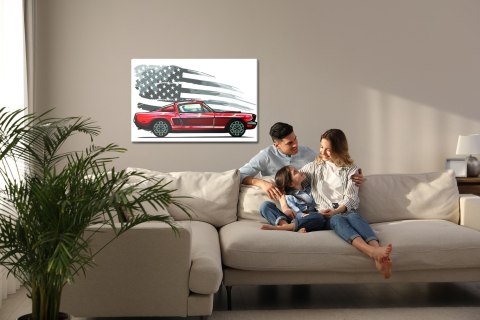 Obraz Na Płótnie Samochód Sportowy Na Szarym Tle Retro Flagi Usa