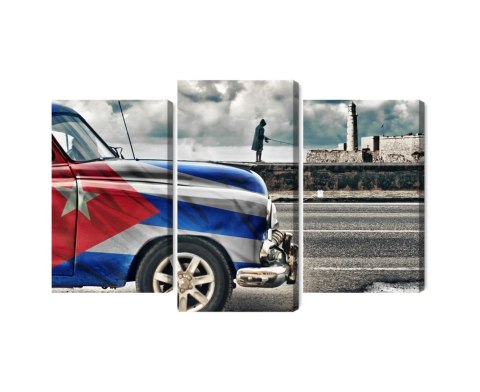 Obraz Wieloczęściowy Samochód Z Kubańską Flagą Na Ulicach Hawany
