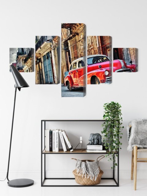 Obraz Wieloczęściowy Stary Amerykański Samochód I Budynki Hawany