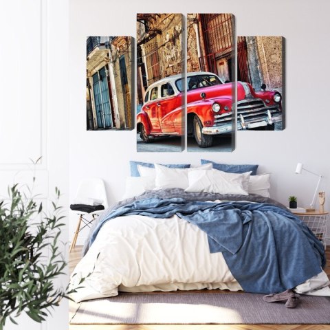 Obraz Wieloczęściowy Stary Amerykański Samochód I Budynki Hawany