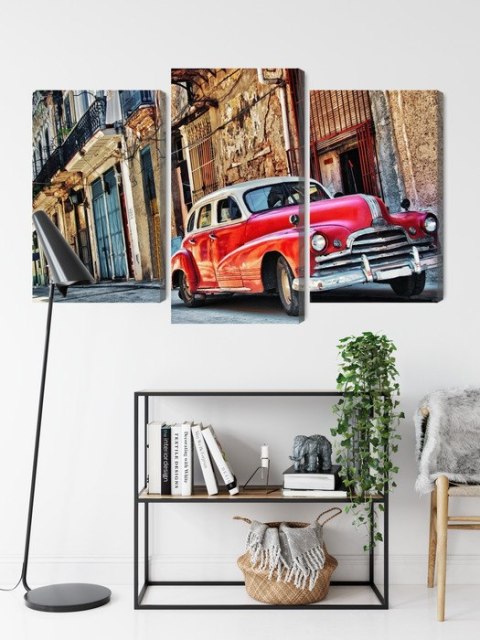 Obraz Wieloczęściowy Stary Amerykański Samochód I Budynki Hawany