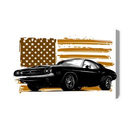 Obraz Na Płótnie Amerykański Muscle Car Na Tle Beżowej Flagi Usa