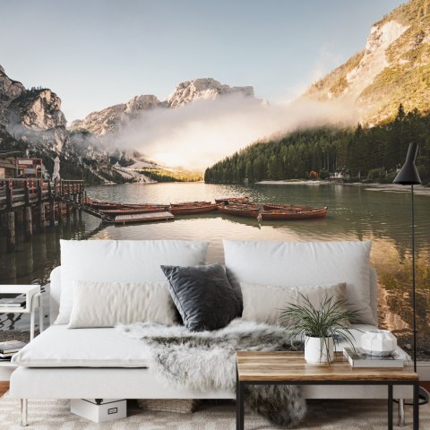 Fototapeta Boats On The Braies Lake, Pragser Wildsee In Dolomites Mountains, Sudtirol, Italy Dolomite.