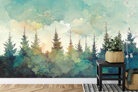 Fototapeta Forest Silhouette Background. Watercolor Painting Of A Spruce Forest