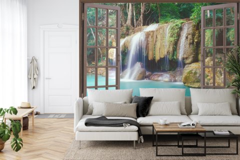Fototapeta Open Window View To Deep Jungle Waterfall