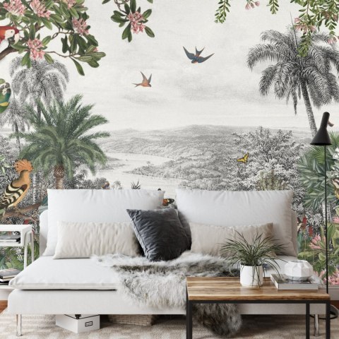 Fototapeta Tropical Jungle Wallpaper Palm Trees, Birds And Parrot In The River Land With Flying Butterflies