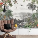 Fototapeta Tropical Jungle Wallpaper Palm Trees, Birds And Parrot In The River Land With Flying Butterflies