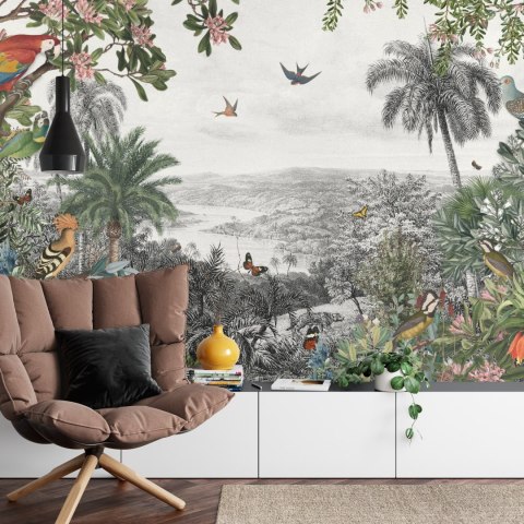 Fototapeta Tropical Jungle Wallpaper Palm Trees, Birds And Parrot In The River Land With Flying Butterflies