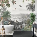 Fototapeta Tropical Jungle Wallpaper Palm Trees, Birds And Parrot In The River Land With Flying Butterflies