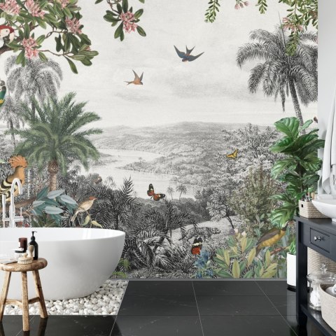 Fototapeta Tropical Jungle Wallpaper Palm Trees, Birds And Parrot In The River Land With Flying Butterflies