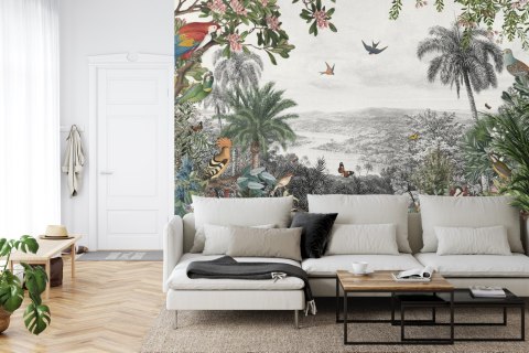 Fototapeta Tropical Jungle Wallpaper Palm Trees, Birds And Parrot In The River Land With Flying Butterflies