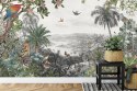 Fototapeta Tropical Jungle Wallpaper Palm Trees, Birds And Parrot In The River Land With Flying Butterflies