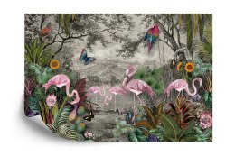 Fototapeta Wallpaper Jungle And Tropical Forest Banana Palm And Tropical Birds, Old Drawing