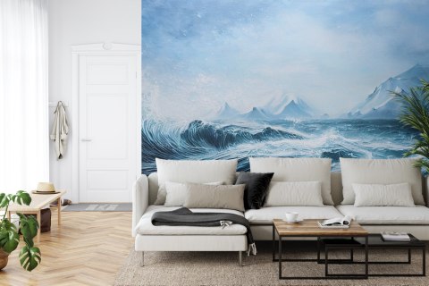 Fototapeta Abyss, Ocean Waves, Seascape Hand Drawn Oil . Blue Sea Tides And Ice Blocks, Frozen Pond, Winter Marine Scenery Backg